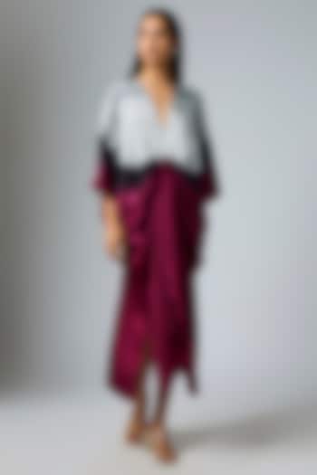 Plum & Black Bemberg Satin Shibori Printed Kaftan by Inca at Pernia's Pop Up Shop