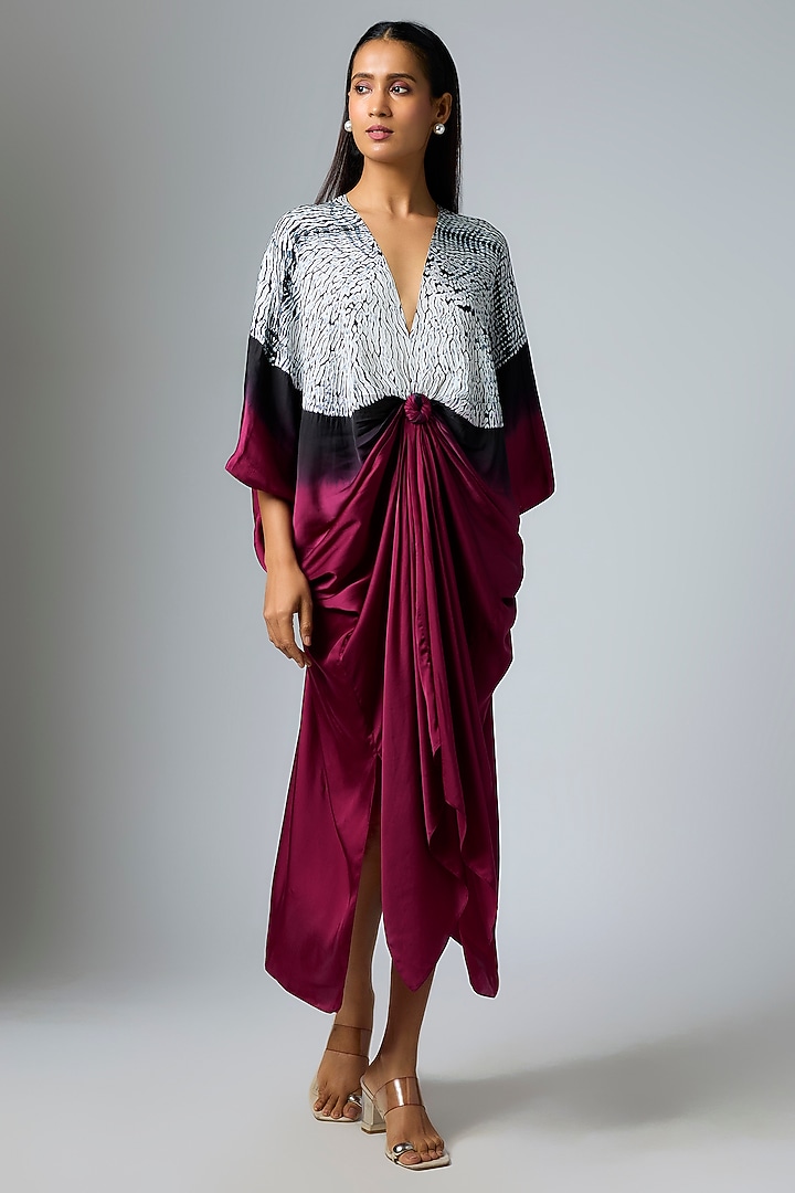 Plum & Black Bemberg Satin Shibori Printed Kaftan by Inca at Pernia's Pop Up Shop