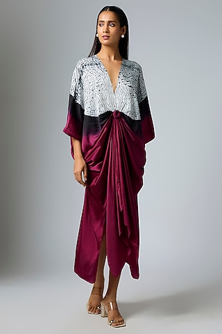 Plum & Black Bemberg Satin Shibori Printed Kaftan by Inca