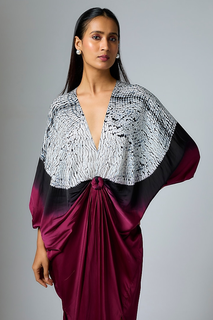 Plum & Black Bemberg Satin Shibori Printed Kaftan by Inca at Pernia's Pop Up Shop