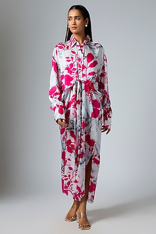Pink & Gulmohar Bemberg Satin Digital Printed Knot Shirt by Inca