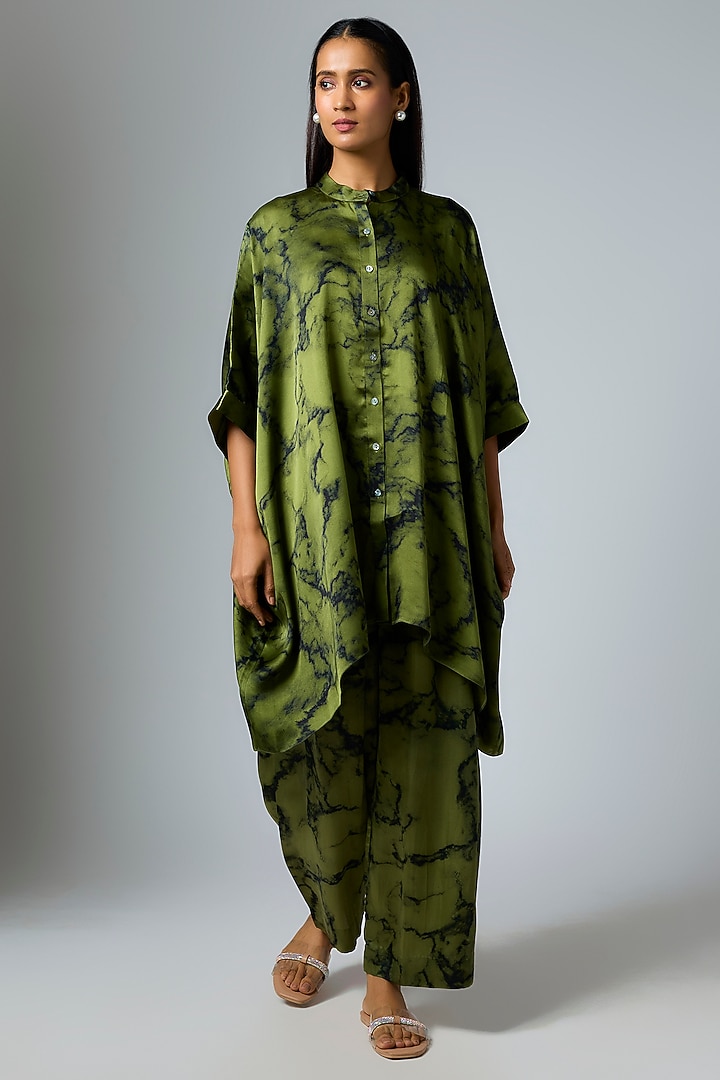 Mehendi & Marble Bemberg Satin Digital Printed Pleated Shirt by Inca at Pernia's Pop Up Shop