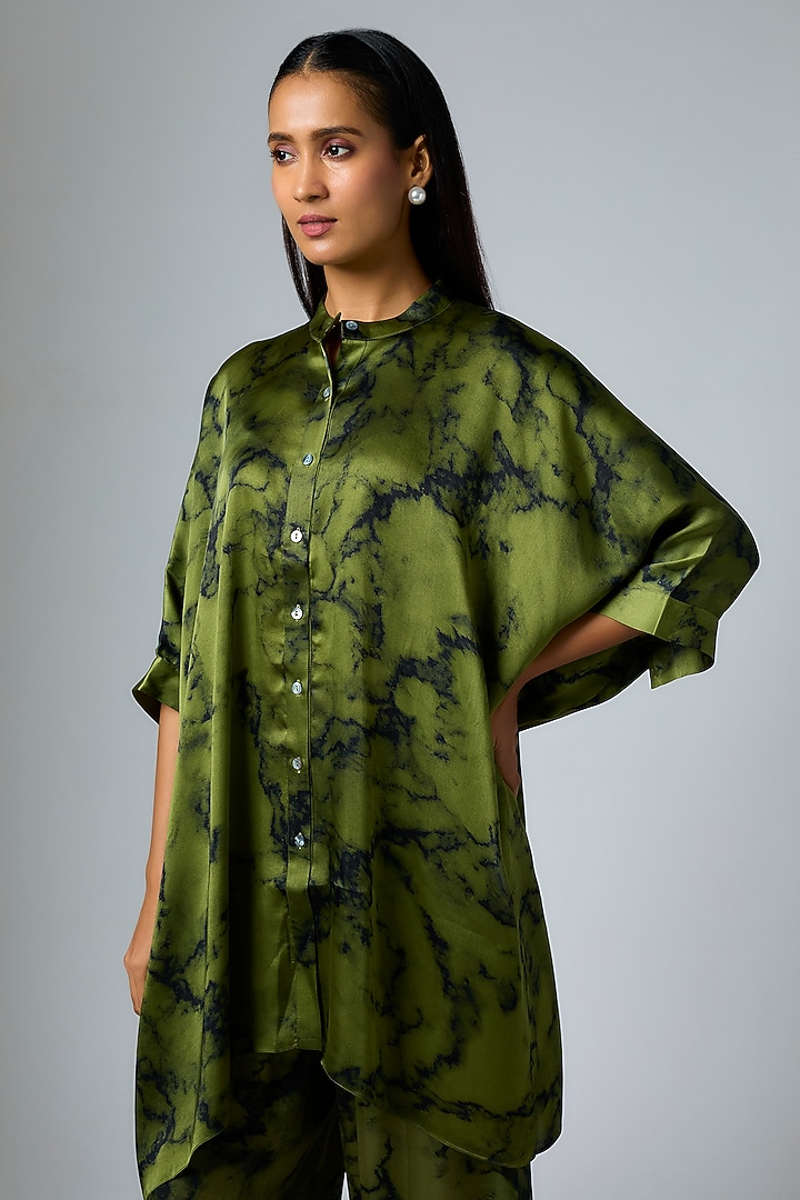 Mehendi & Marble Bemberg Satin Digital Printed Pleated Shirt by Inca at Pernia's Pop Up Shop