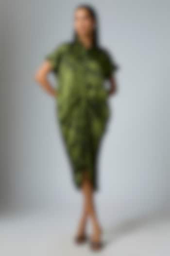 Mehendi & Marble Colored Bemberg Satin Digital Printed Pleated Vacation Dress by Inca at Pernia's Pop Up Shop
