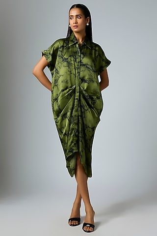 Mehendi & Marble Colored Bemberg Satin Digital Printed Pleated Dress by Inca