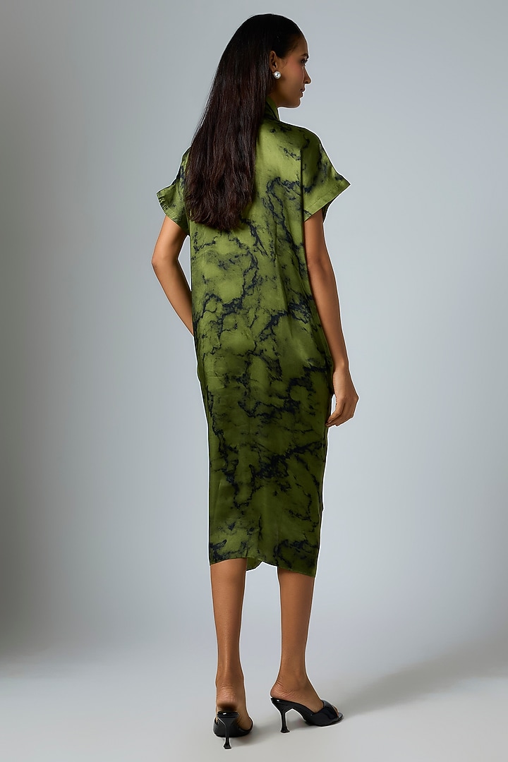 Mehendi & Marble Colored Bemberg Satin Digital Printed Pleated Vacation Dress by Inca at Pernia's Pop Up Shop
