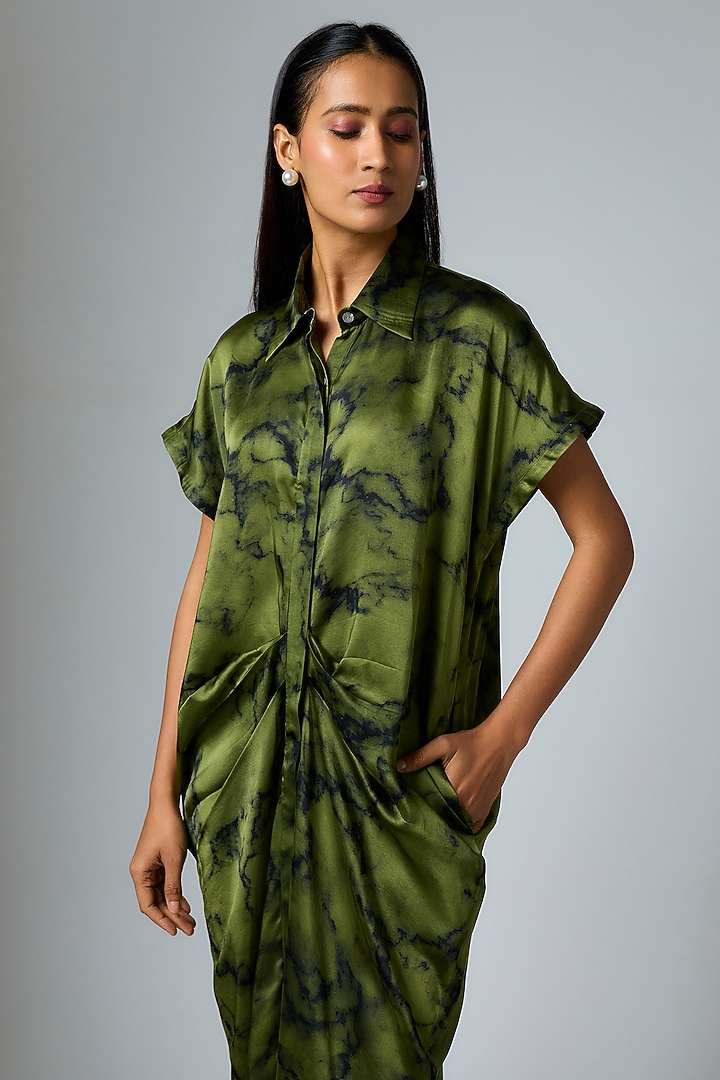 Mehendi & Marble Colored Bemberg Satin Digital Printed Pleated Vacation Dress by Inca at Pernia's Pop Up Shop