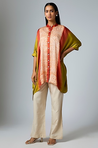 Olive & rust Bemberg Satin Digital Printed Poncho by Inca