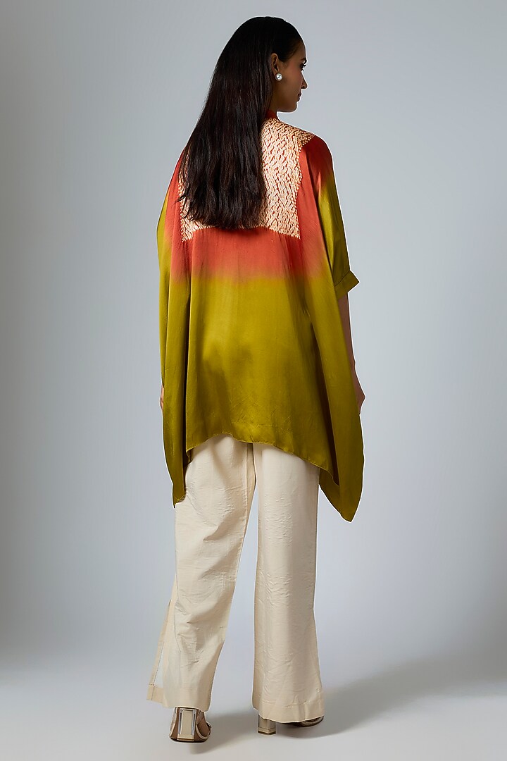 Olive & rust Bemberg Satin Digital Printed Poncho by Inca at Pernia's Pop Up Shop