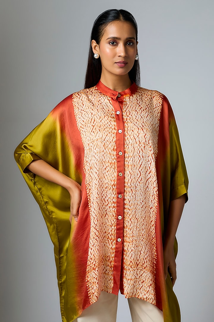 Olive & rust Bemberg Satin Digital Printed Poncho by Inca at Pernia's Pop Up Shop