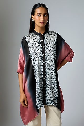 Blush & Black Bemberg Satin Digital Printed Poncho by Inca