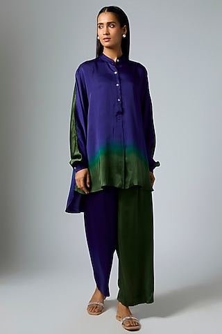 Blue & Green Ombre Bemberg Satin Co-Ord Set by Inca