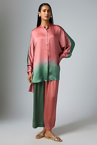 Blush Pink & Sage Green Ombre Bemberg Satin Co-Ord Set by Inca