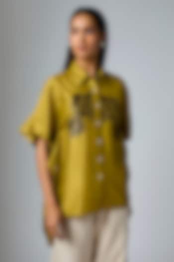 Olive Chanderi Floral Applique Work Shirt by Inca at Pernia's Pop Up Shop