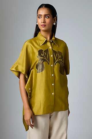 Olive Chanderi Floral Applique Work Shirt by Inca