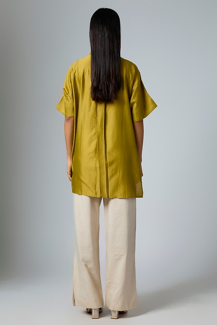 Olive Chanderi Floral Applique Work Shirt by Inca at Pernia's Pop Up Shop