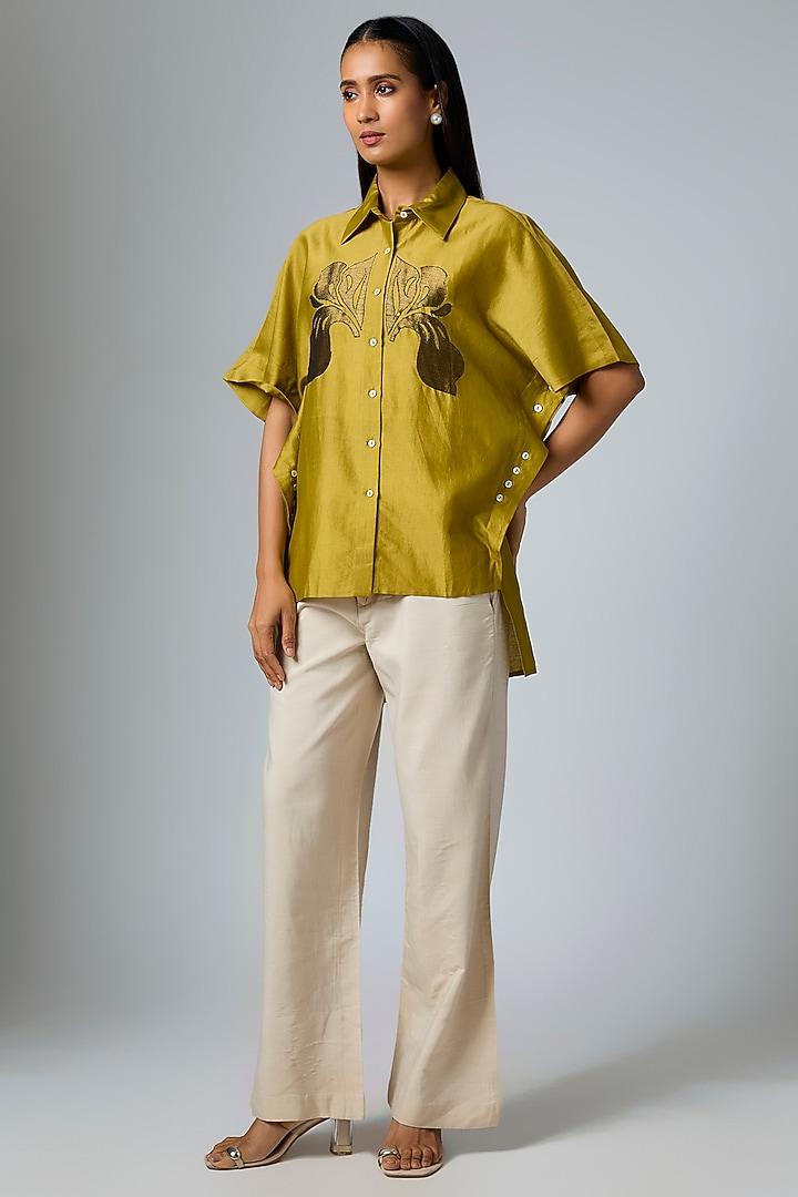 Olive Chanderi Floral Applique Work Shirt by Inca at Pernia's Pop Up Shop