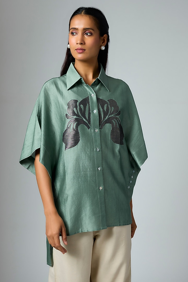 Sage Chanderi Floral Applique Work Shirt by Inca at Pernia's Pop Up Shop