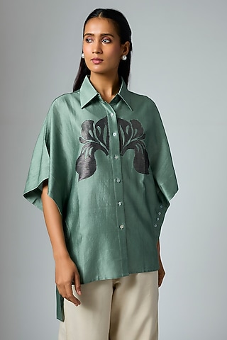 Sage Chanderi Floral Applique Work Shirt by Inca