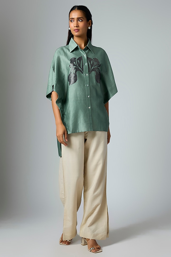 Sage Chanderi Floral Applique Work Shirt by Inca at Pernia's Pop Up Shop