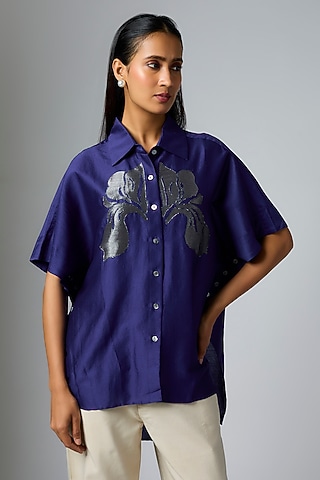 Royal Blue Chanderi Floral Applique Work Shirt by Inca