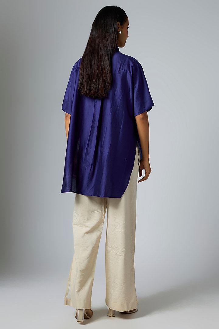 Royal Blue Chanderi Floral Applique Work Shirt by Inca at Pernia's Pop Up Shop