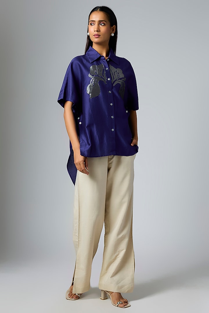 Royal Blue Chanderi Floral Applique Work Shirt by Inca at Pernia's Pop Up Shop