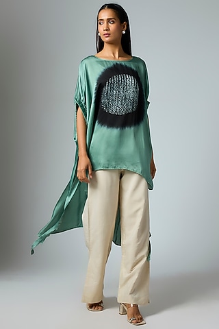 Sage & Black Bemberg Satin Shibori Printed Elasticated Top by Inca