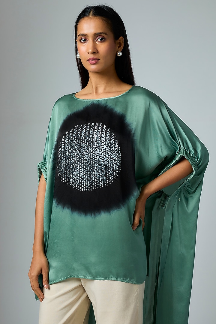 Sage & Black Bemberg Satin Shibori Printed Elasticated Top by Inca at Pernia's Pop Up Shop