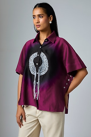 Plum & Black Bemberg Satin Shibori Printed Elasticated Top by Inca