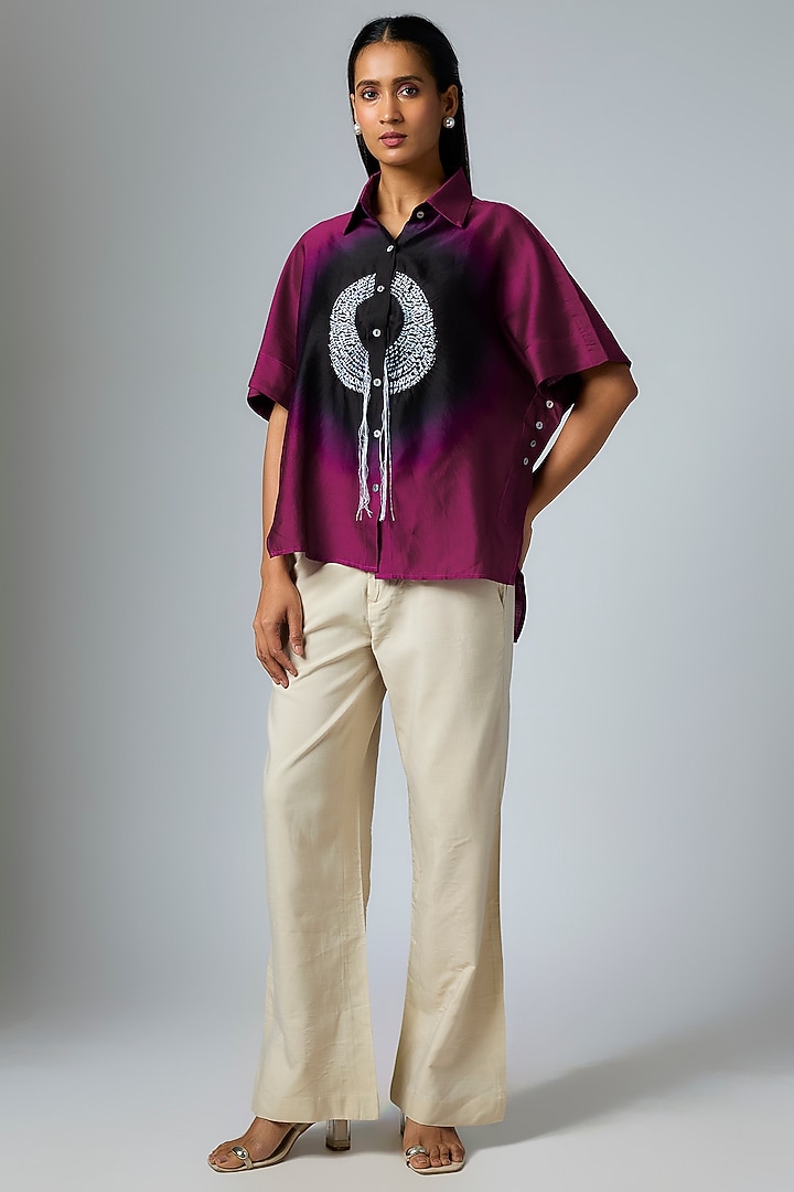 Plum & Black Bemberg Satin Shibori Printed Elasticated Top by Inca at Pernia's Pop Up Shop