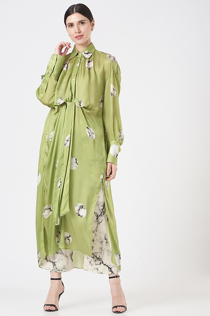 Green Bemberg Satin Long Shirt by Inca at Pernia's Pop Up Shop