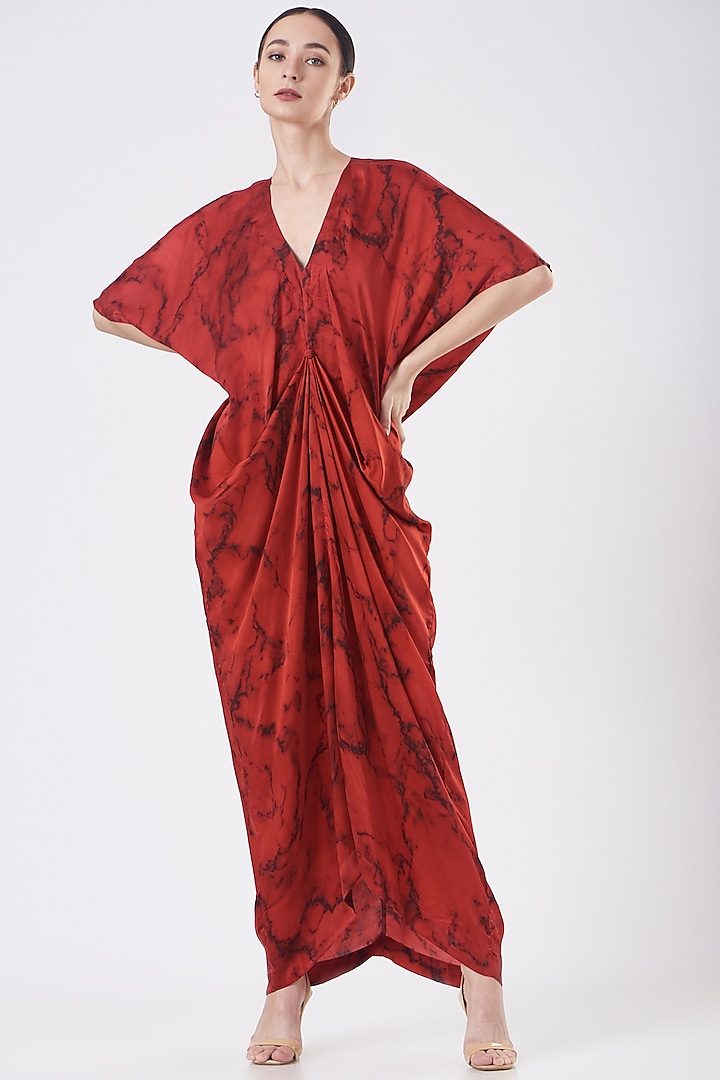 Red Marble Printed Draped Dress by Inca
