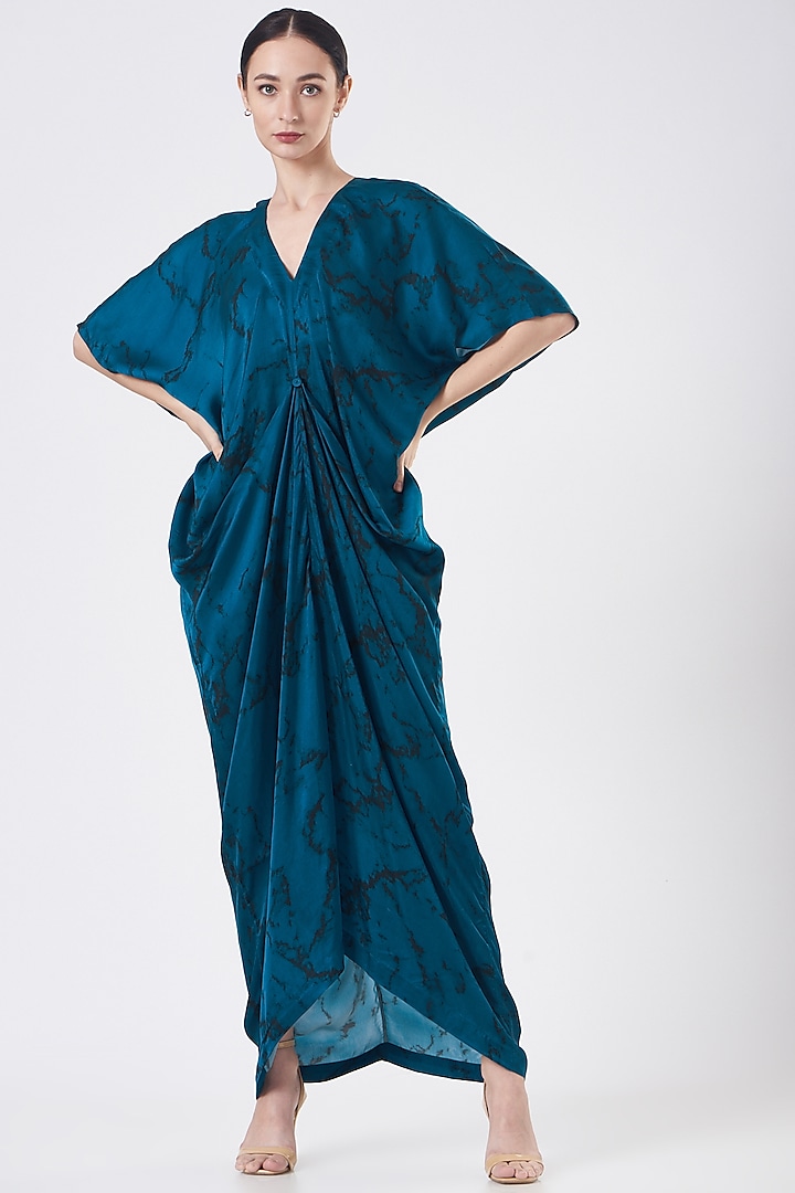 Blue Marble Printed Draped Dress by Inca