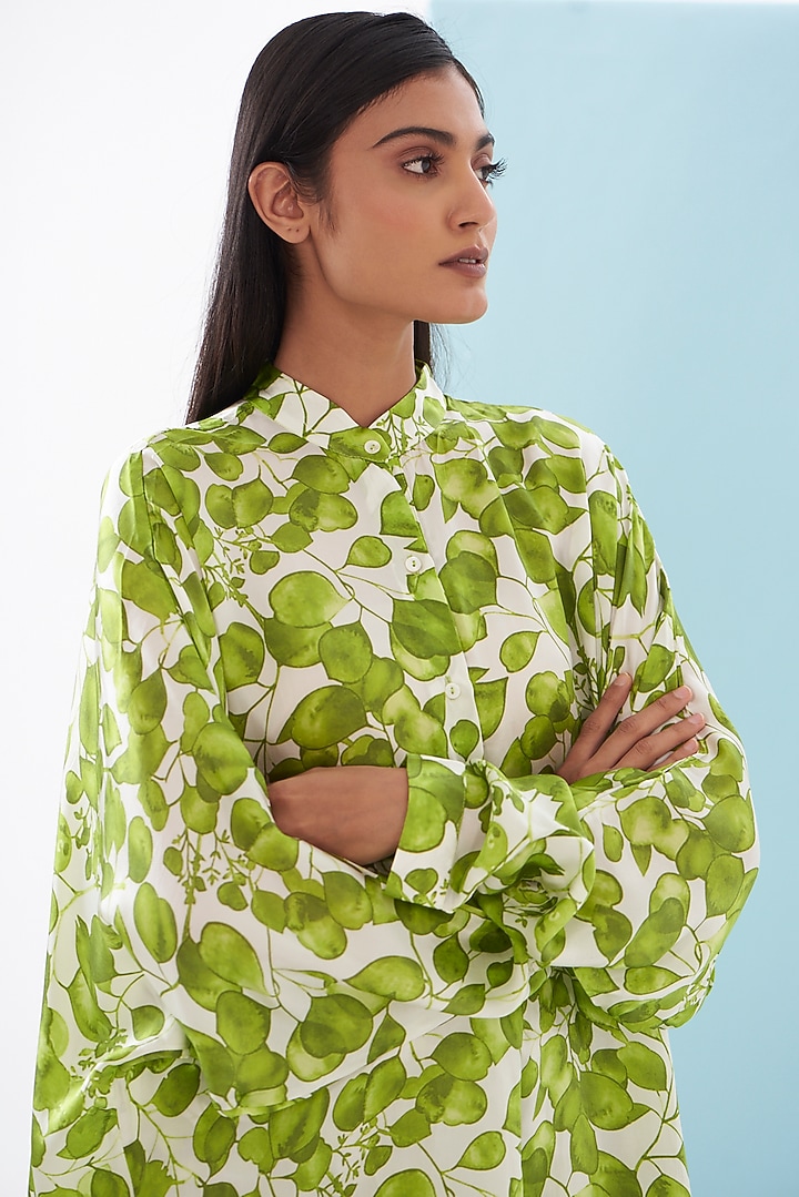 Green Bemberg Satin & Linen Satin Printed Co-Ord Set by Inca at Pernia's Pop Up Shop