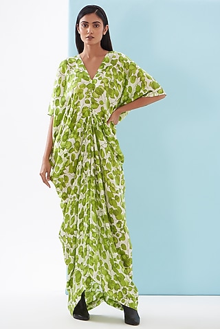 Green Bemberg Satin Printed Draped Dress by Inca