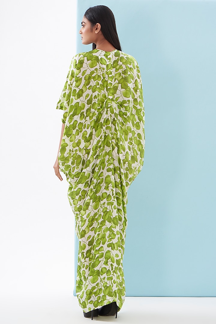 Green Bemberg Satin Printed Draped Vacation Dress by Inca at Pernia's Pop Up Shop
