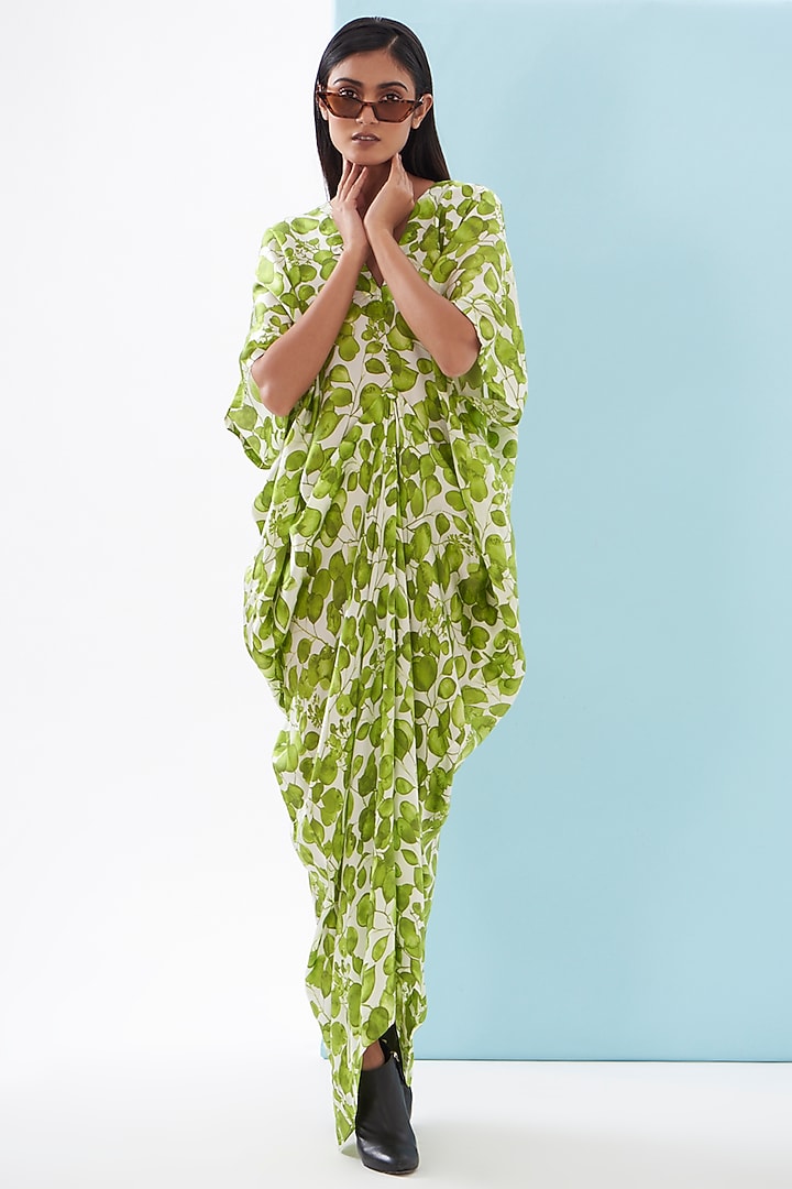 Green Bemberg Satin Printed Draped Vacation Dress by Inca at Pernia's Pop Up Shop