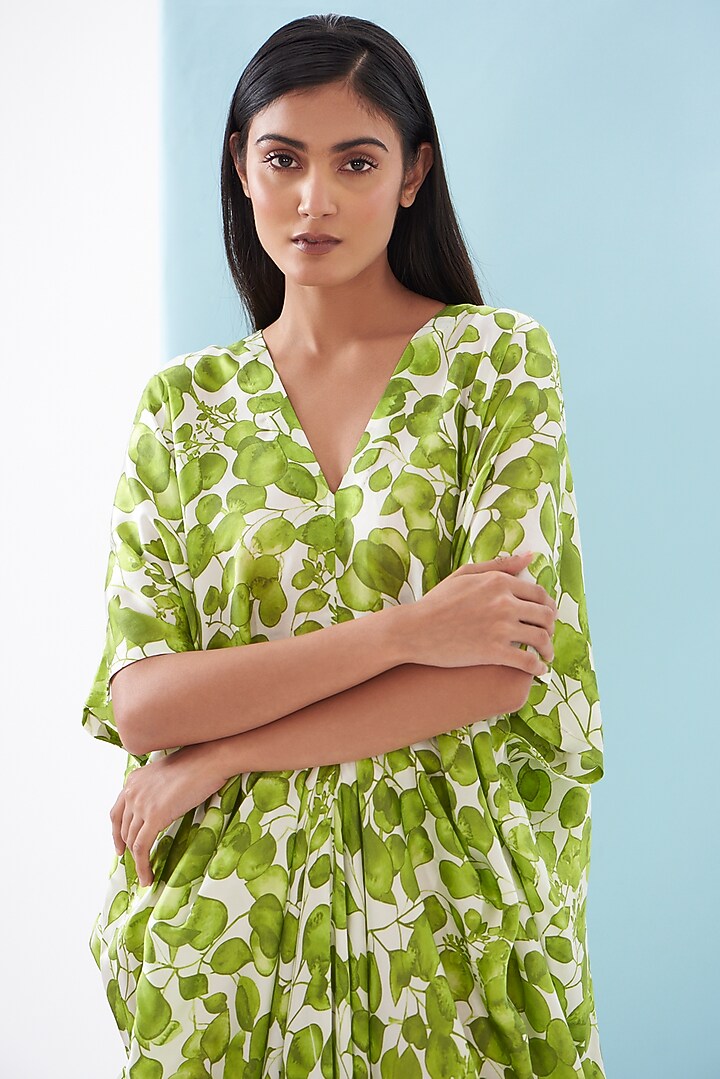 Green Bemberg Satin Printed Draped Vacation Dress by Inca at Pernia's Pop Up Shop