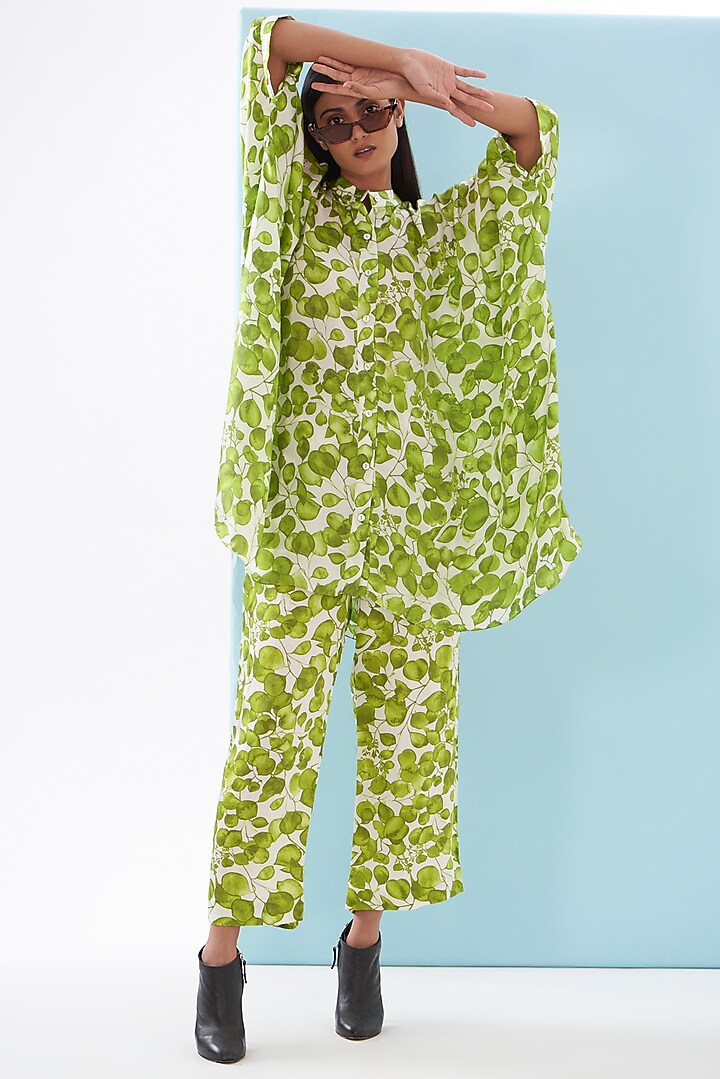 Green Bemberg Satin & Linen Satin Printed Co-Ord Set by Inca at Pernia's Pop Up Shop