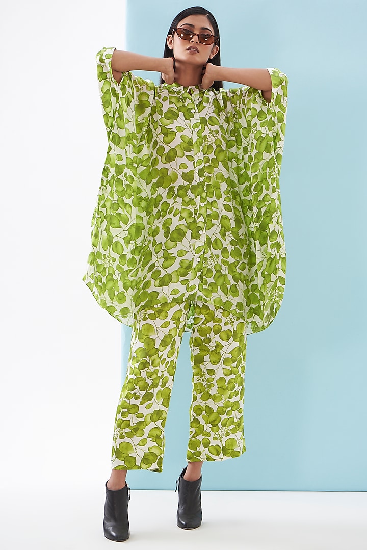 Green Bemberg Satin & Linen Satin Printed Co-Ord Set by Inca at Pernia's Pop Up Shop