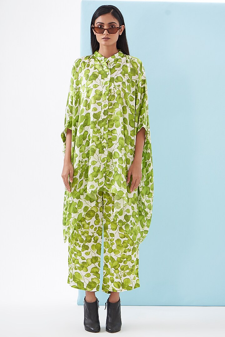 Green Bemberg Satin & Linen Satin Printed Co-Ord Set by Inca at Pernia's Pop Up Shop