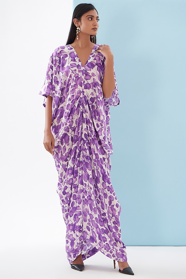 Purple Bemberg Satin Printed Draped Dress by Inca