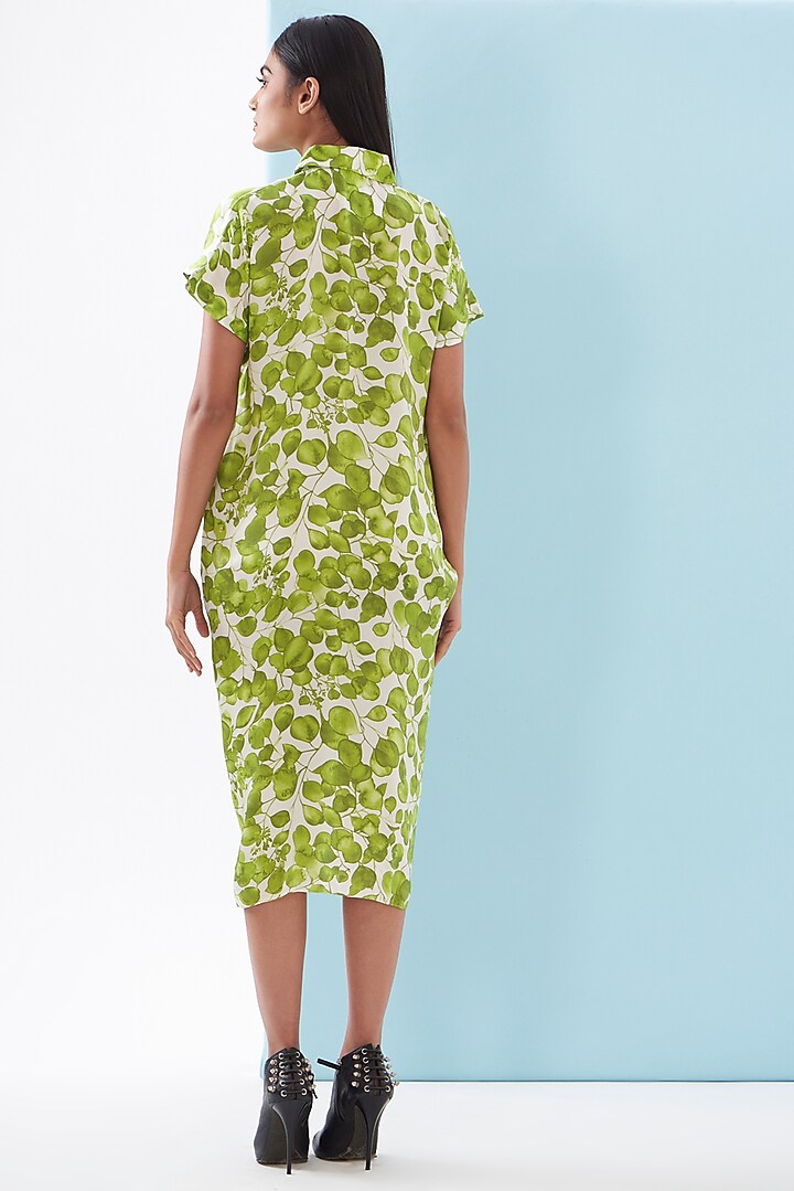 Green Bemberg Satin Printed Pleated Vacation Shirt Dress by Inca at Pernia's Pop Up Shop