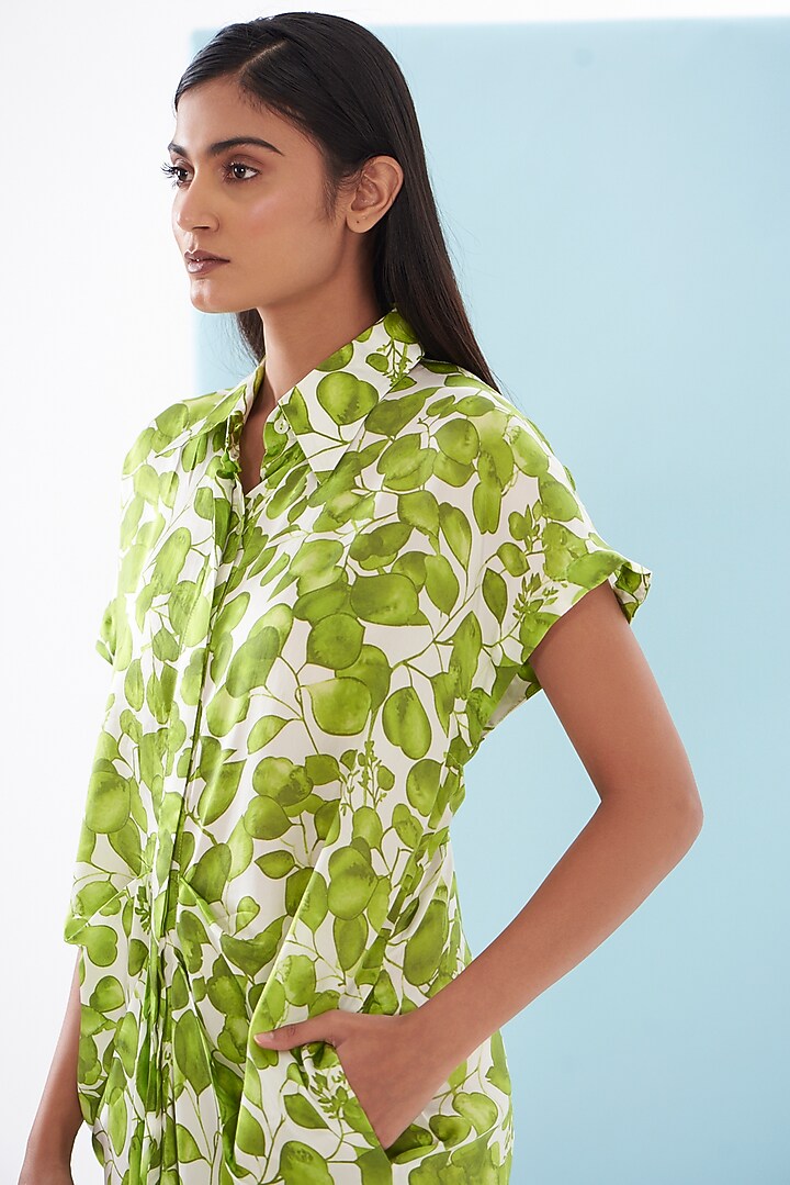 Green Bemberg Satin Printed Pleated Vacation Shirt Dress by Inca at Pernia's Pop Up Shop