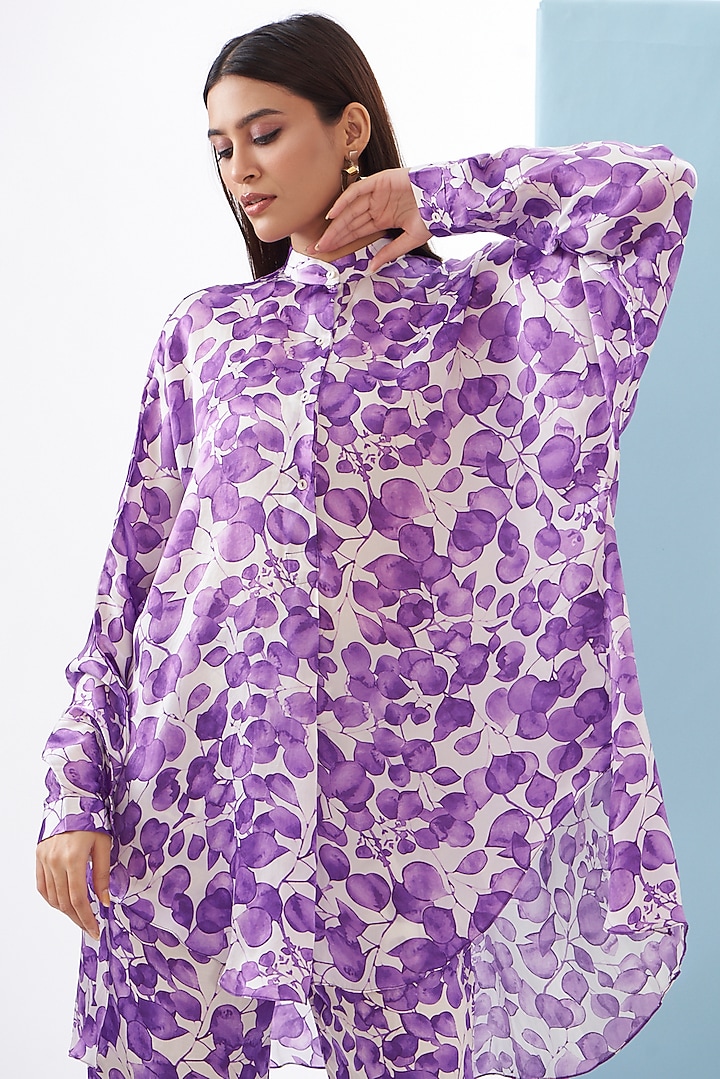Purple Bemberg Satin & Linen Satin Printed Co-Ord Set by Inca at Pernia's Pop Up Shop