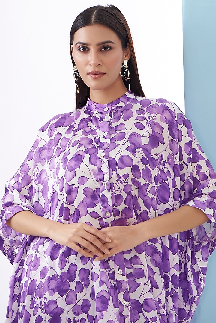 Purple Bemberg Satin & Linen Satin Printed Co-Ord Set by Inca at Pernia's Pop Up Shop