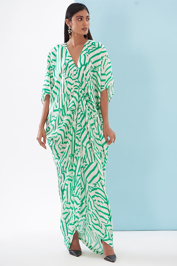 Green Bemberg Satin Printed Draped Dress by Inca at Pernia's Pop Up Shop