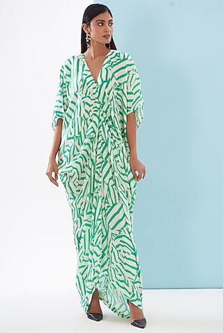 Green Bemberg Satin Printed Draped Dress by Inca
