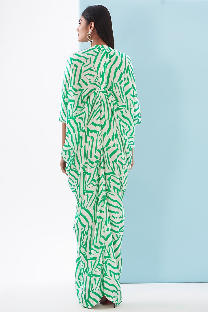Green Bemberg Satin Printed Draped Vacation Dress by Inca at Pernia's Pop Up Shop